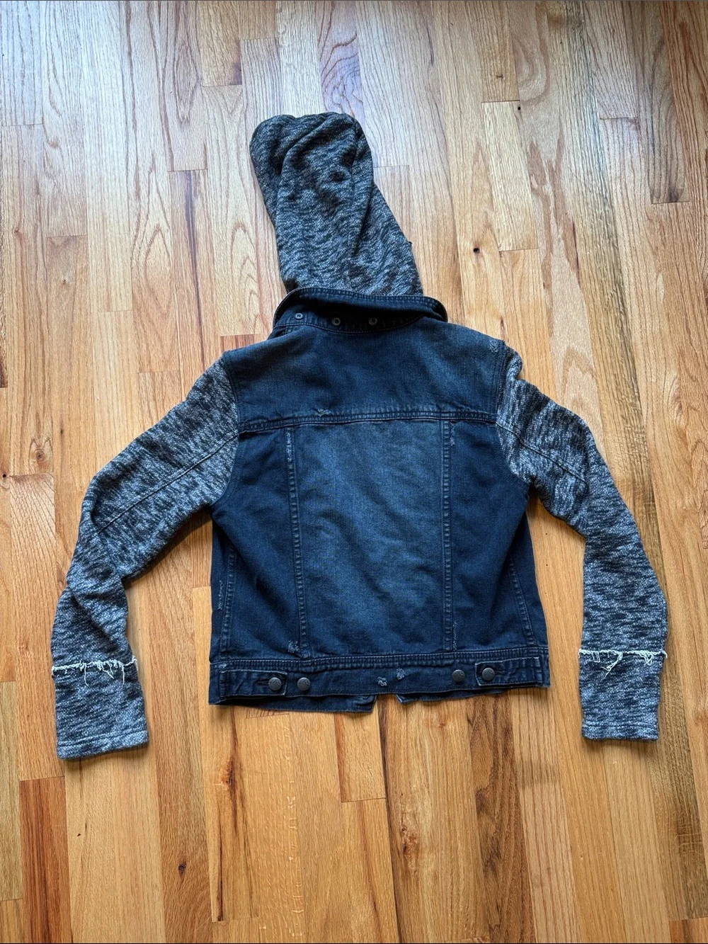 Free People Hooded Denim Jacket with Knit Sleeves - Gray/Black - Picture 10 of 10
